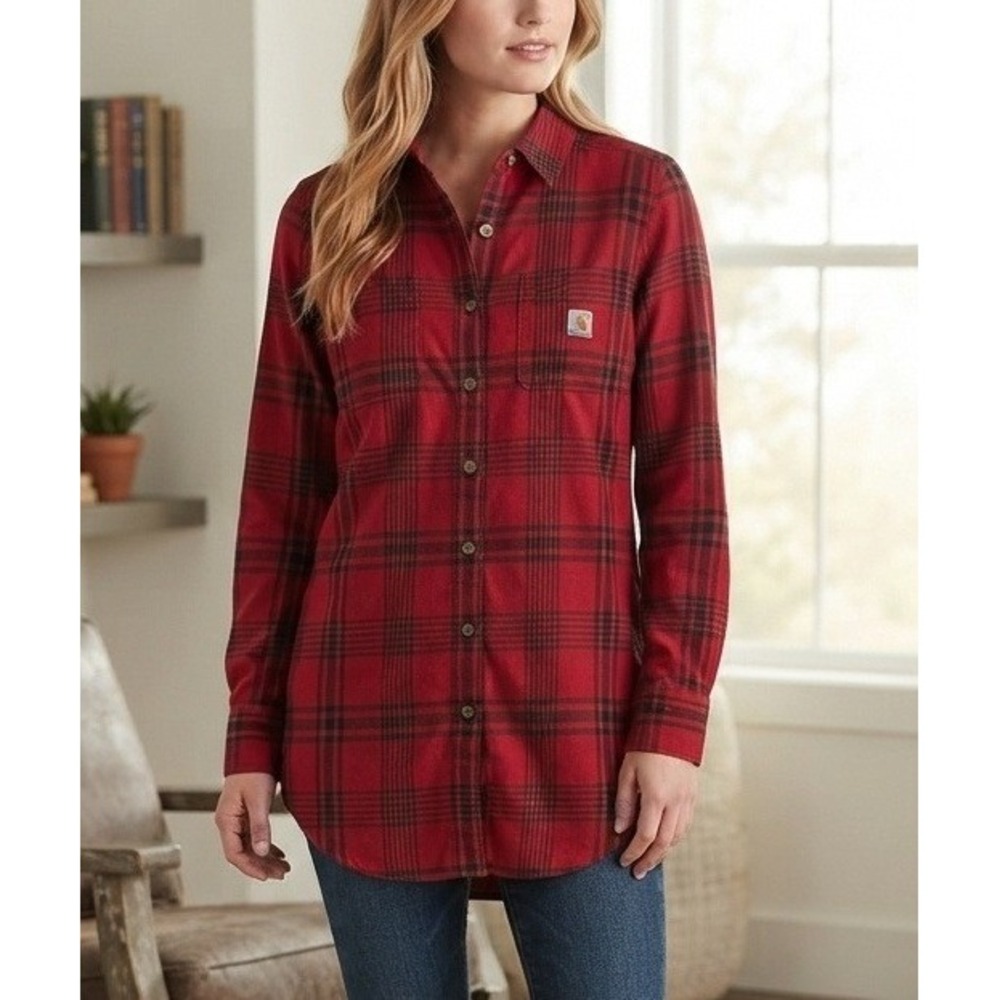 Carhartt Rugged Flex Relaxed Fit Flannel Shirt Women's M Red Plaid Travel NWT